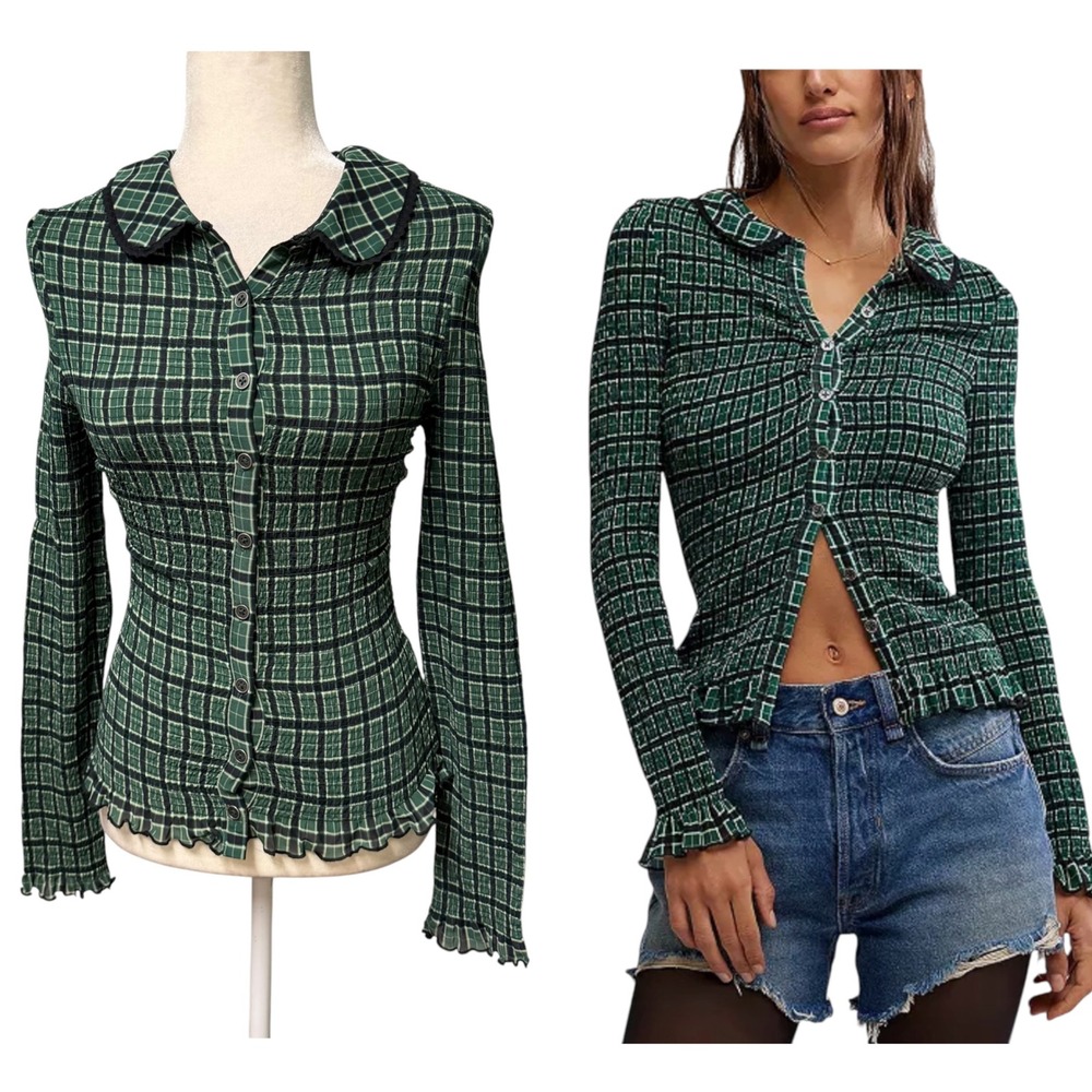 Free People Tunic Top Women S Green Plaid Smocked Button Down Peter Pan Collar S